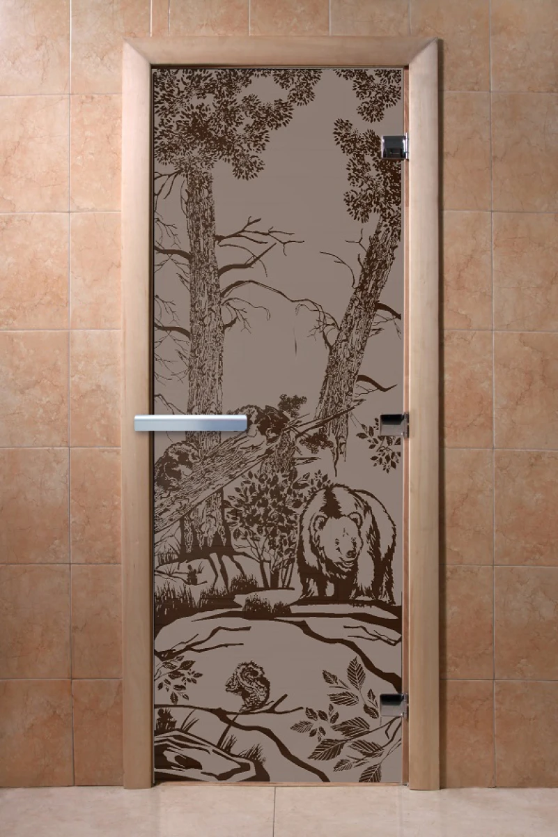 Дверь для бани DoorWood с рисунком Мишки Графит матовый, 1900x700 мм