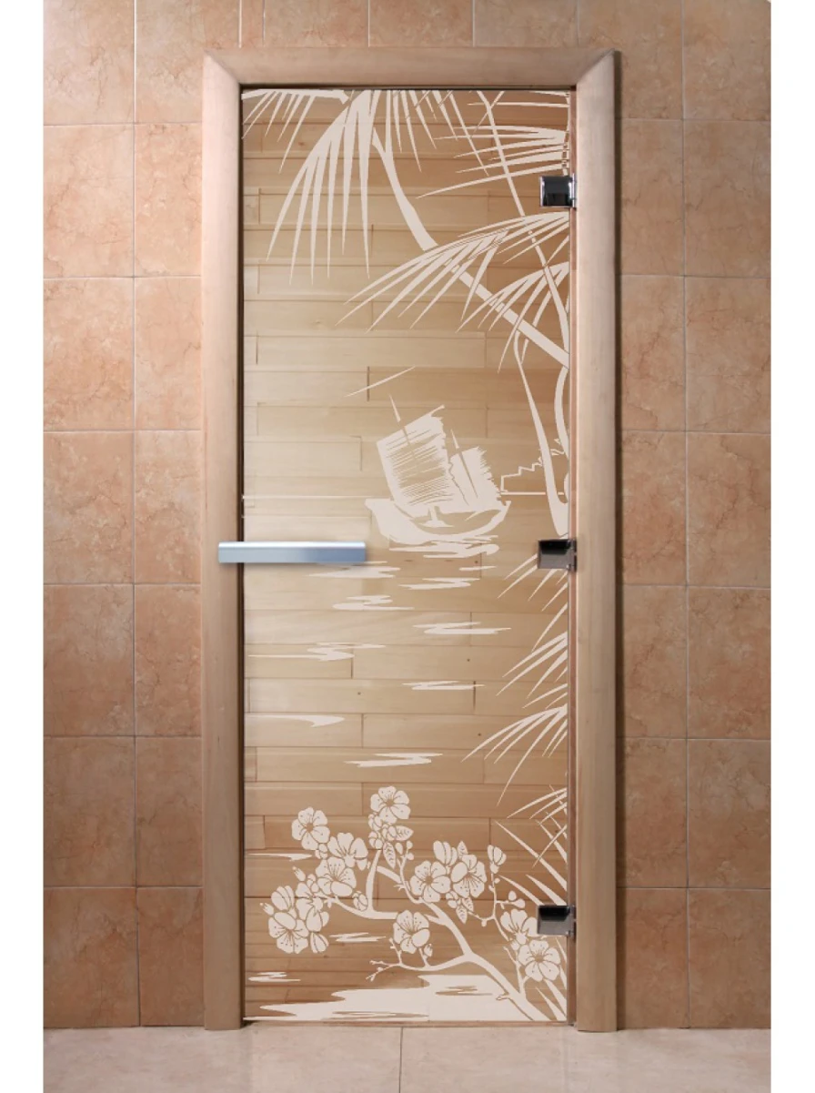 Дверь для бани DoorWood с рисунком Голубая лагуна Прозрачная, 1800x600 мм