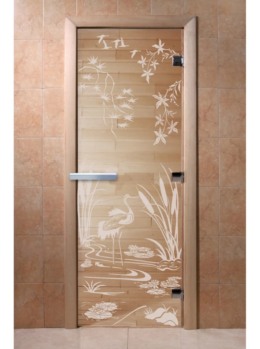 Дверь для бани DoorWood с рисунком Камышовый рай Прозрачная, 2000x600 мм