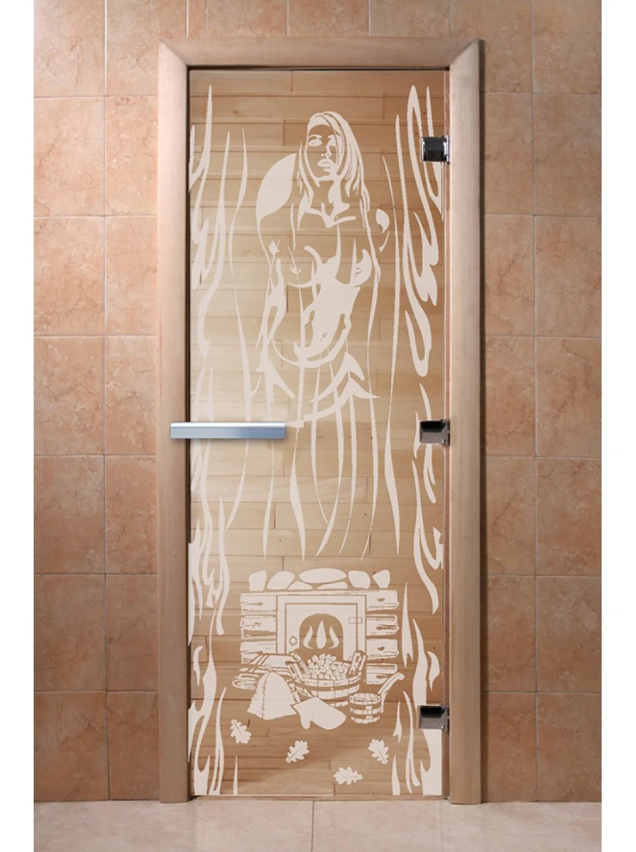 Дверь для бани DoorWood с рисунком Горячий пар Прозрачная, 2000x900 мм