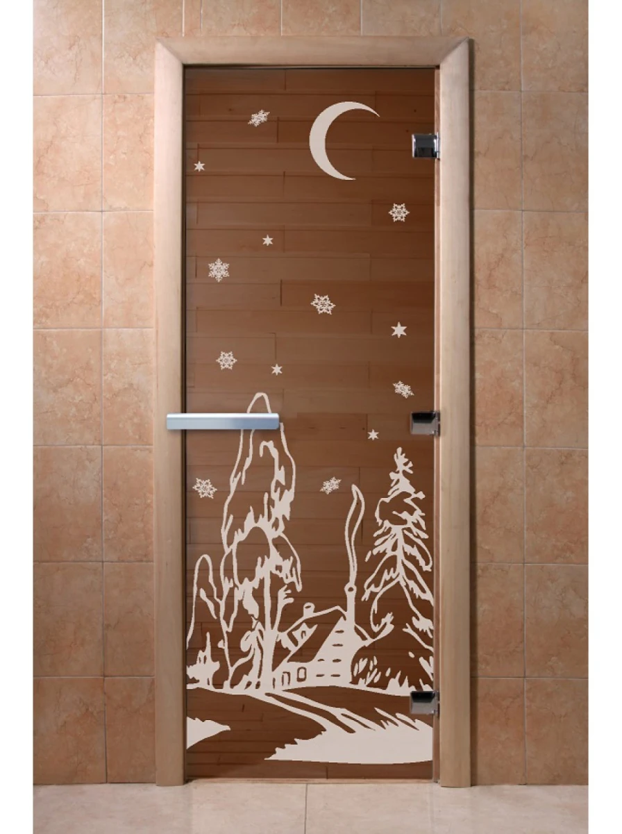 Дверь для бани DoorWood с рисунком Зима Бронза, 2100x900 мм