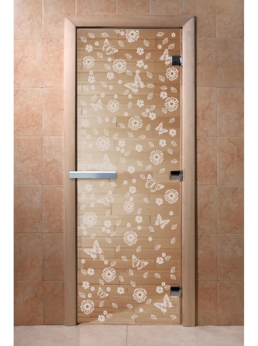 Дверь для бани DoorWood с рисунком Цветы и бабочки Прозрачная, 2100x900 мм