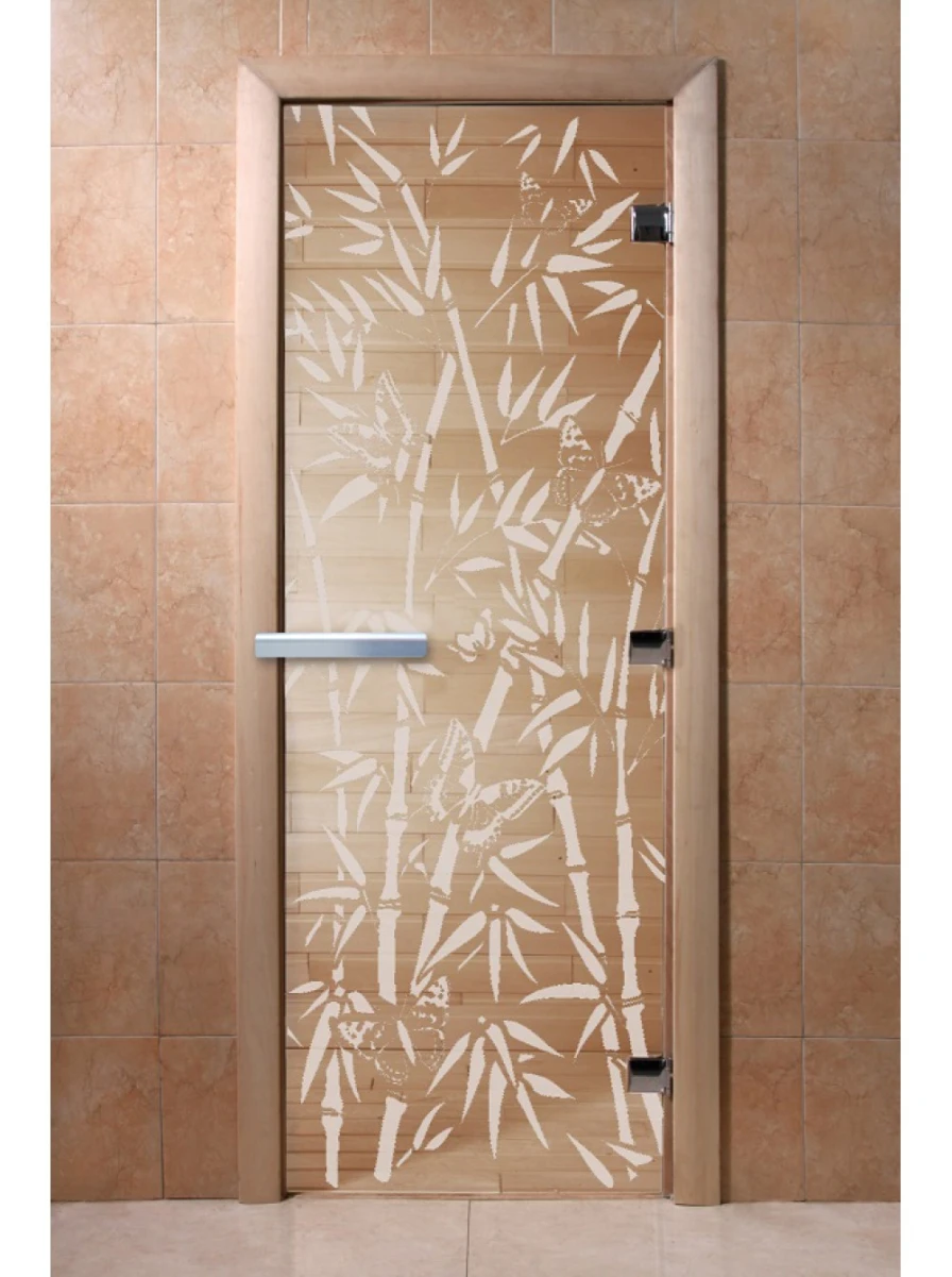 Дверь для бани DoorWood с рисунком Бамбук и бабочки Прозрачная, 2000x600 мм