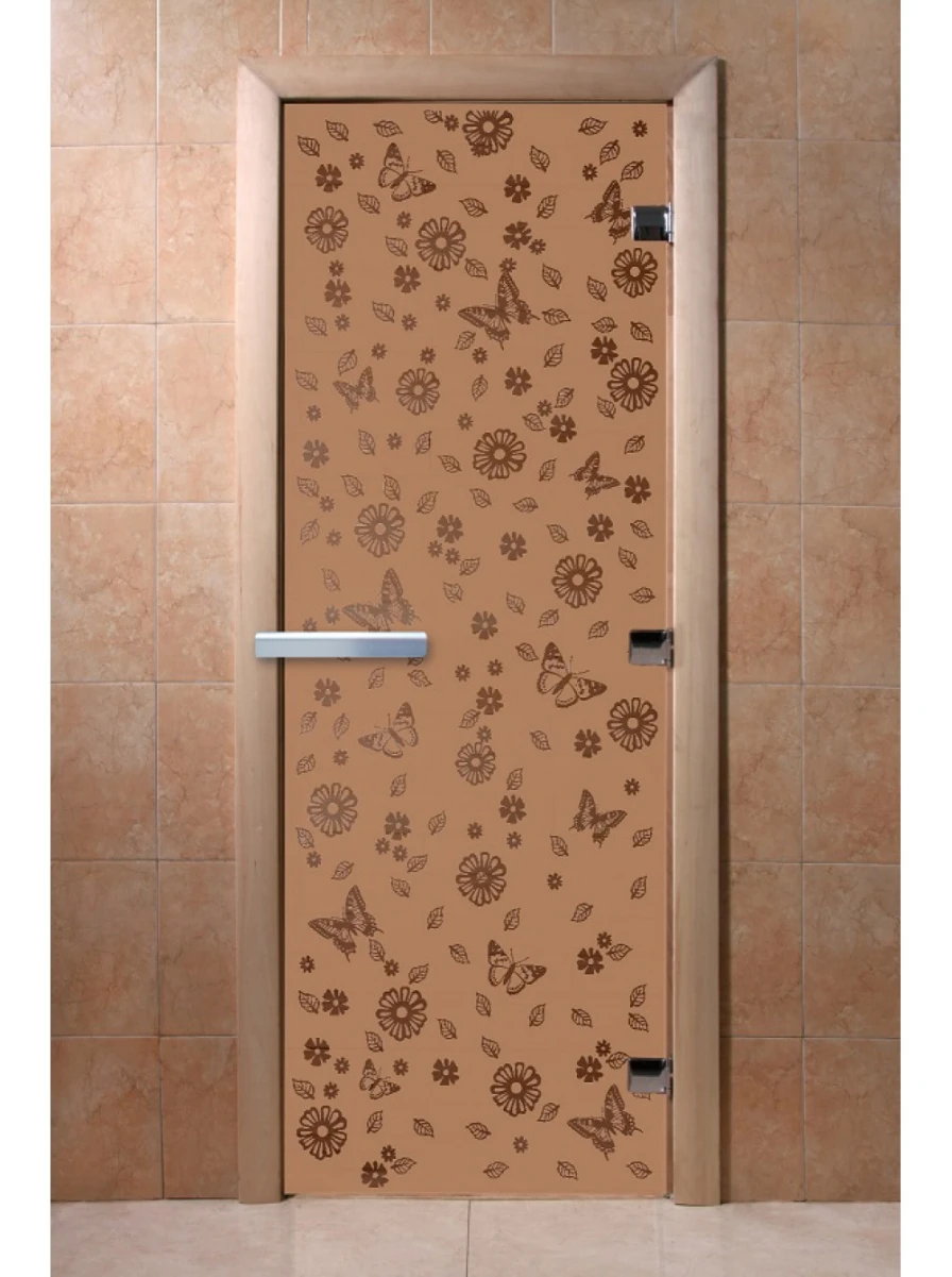 Дверь для бани DoorWood с рисунком Цветы и бабочки Бронза матовая, 1800x600 мм