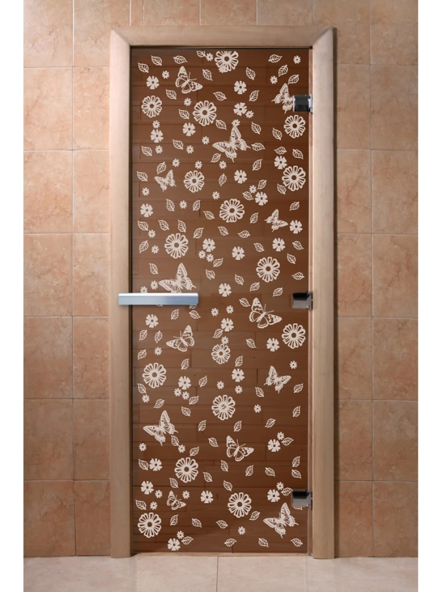 Дверь для бани DoorWood с рисунком Цветы и бабочки Бронза, 1800x800 мм