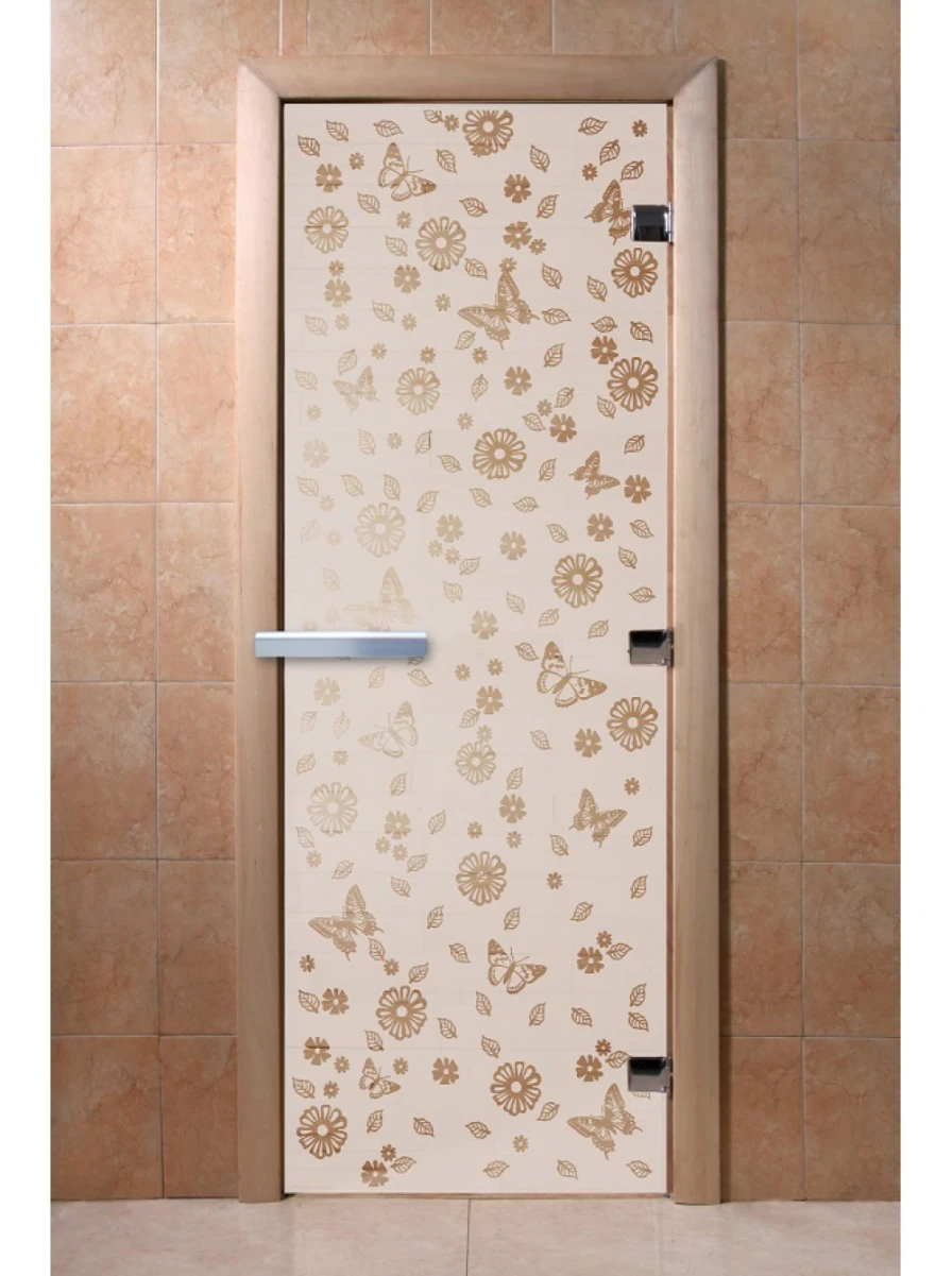 Дверь для бани DoorWood с рисунком Цветы и бабочки Сатин, 2000x900 мм