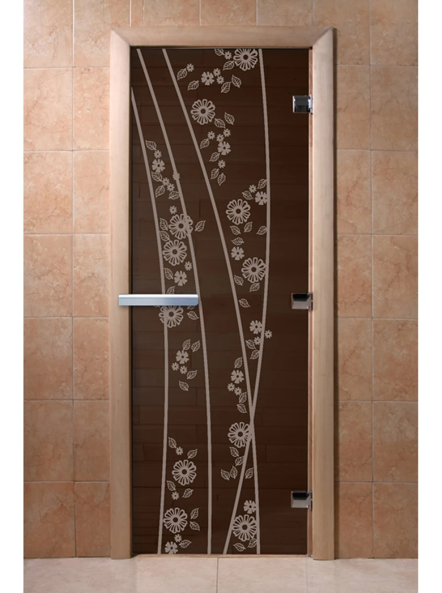 Дверь для бани DoorWood с рисунком Весна цветы Графит, 2000x600 мм