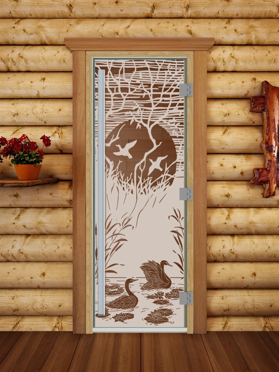 Дверь для бани DoorWood Престиж с рисунком Лебединое озеро Бронза матовая, 1900x700 мм