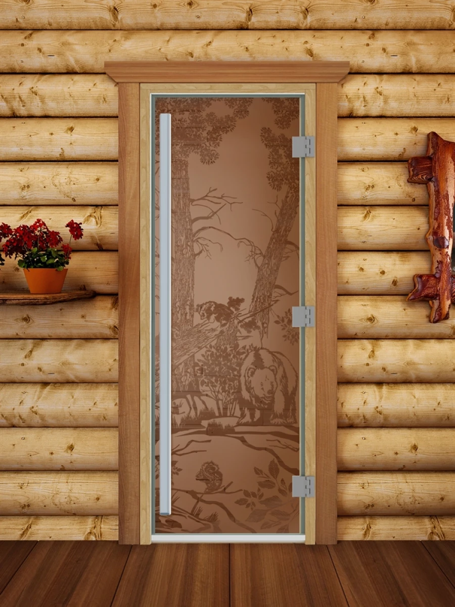 Дверь для бани DoorWood Престиж с рисунком Мишки в лесу Бронза матовая, 1900x700 мм