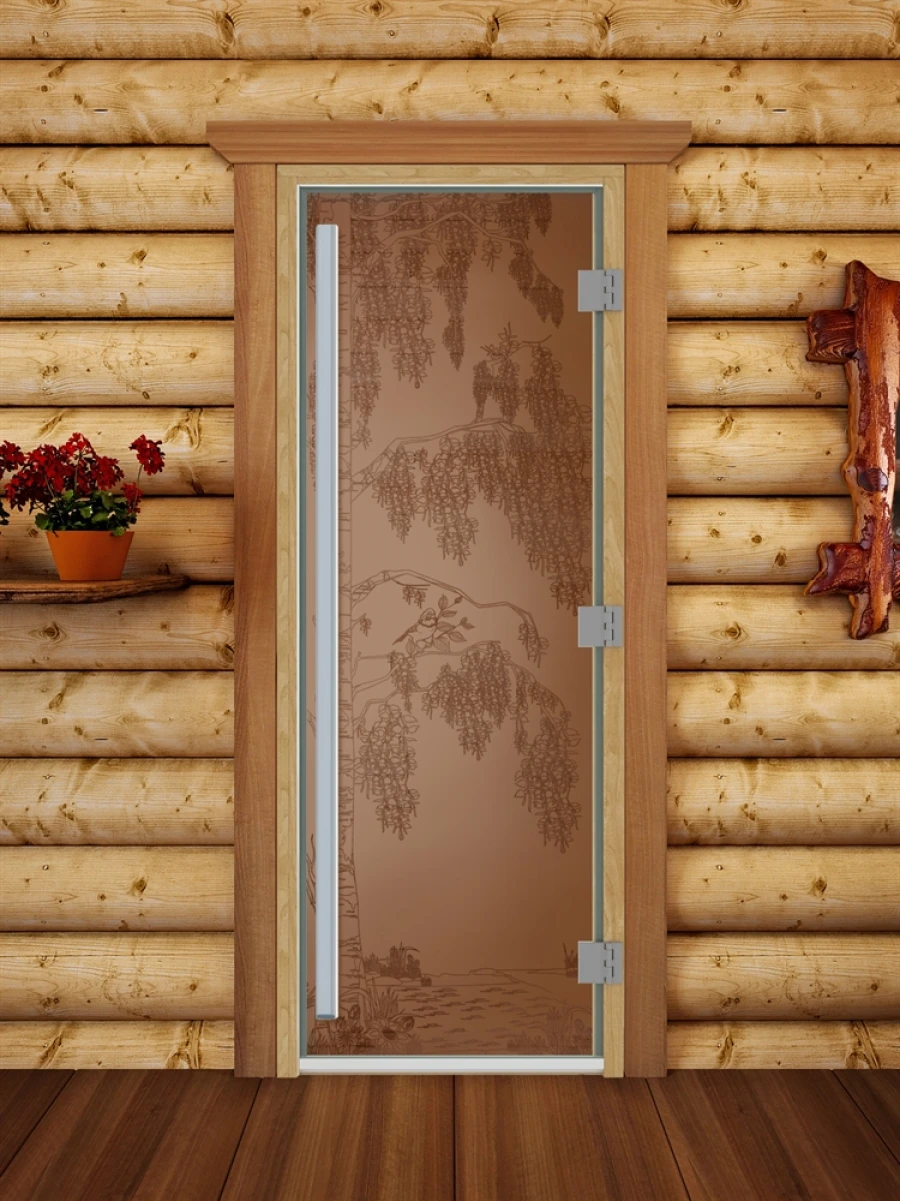 Дверь для бани DoorWood Престиж с рисунком Береза Бронза матовая, 1900x700 мм