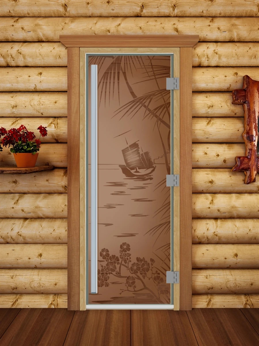 Дверь для бани DoorWood Престиж с рисунком Голубая лагуна Бронза матовая, 1900x700 мм