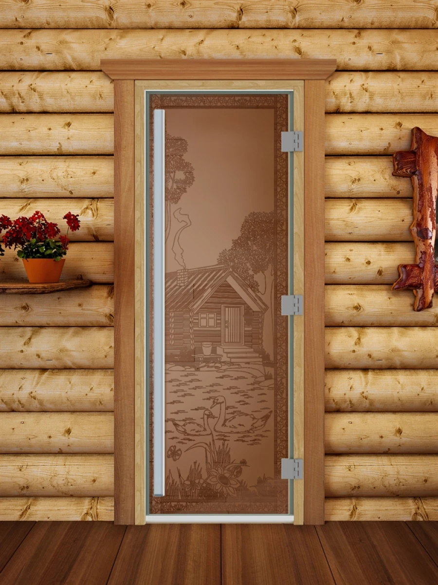 Дверь для бани DoorWood Престиж с рисунком Банька в лесу Бронза матовая, 1900x700 мм