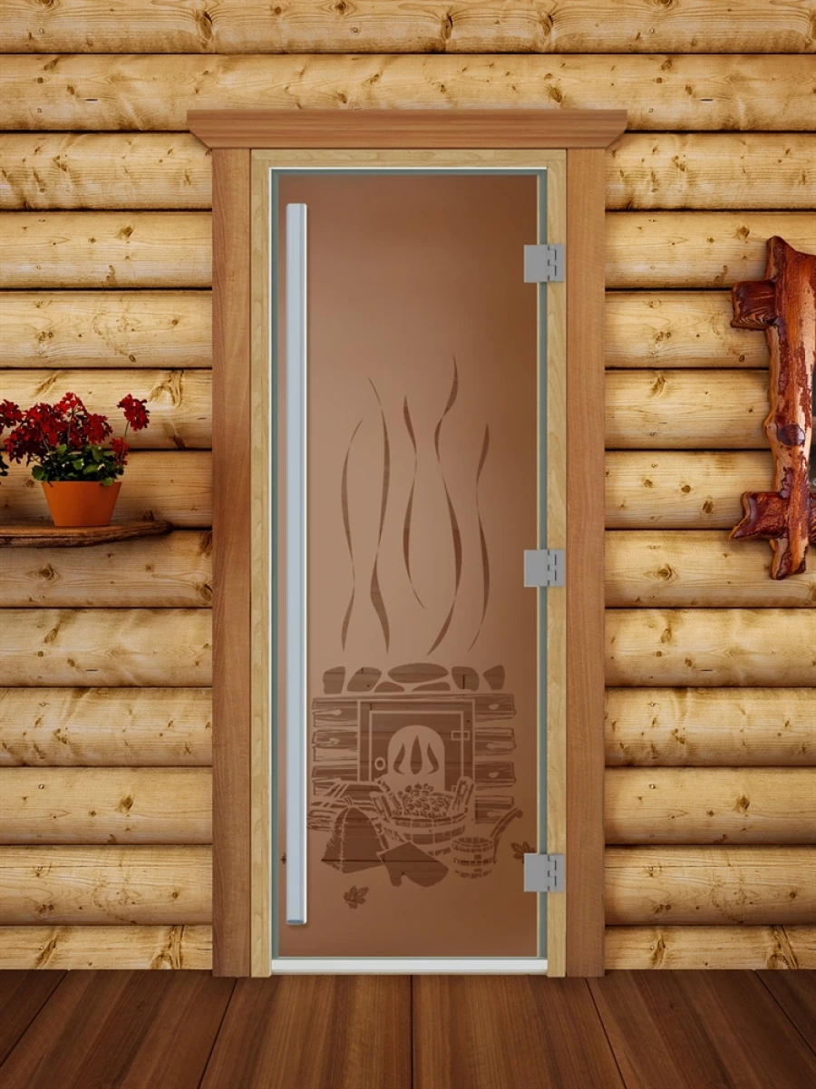 Дверь для бани DoorWood Престиж с рисунком Банька Бронза матовая, 1900x700 мм