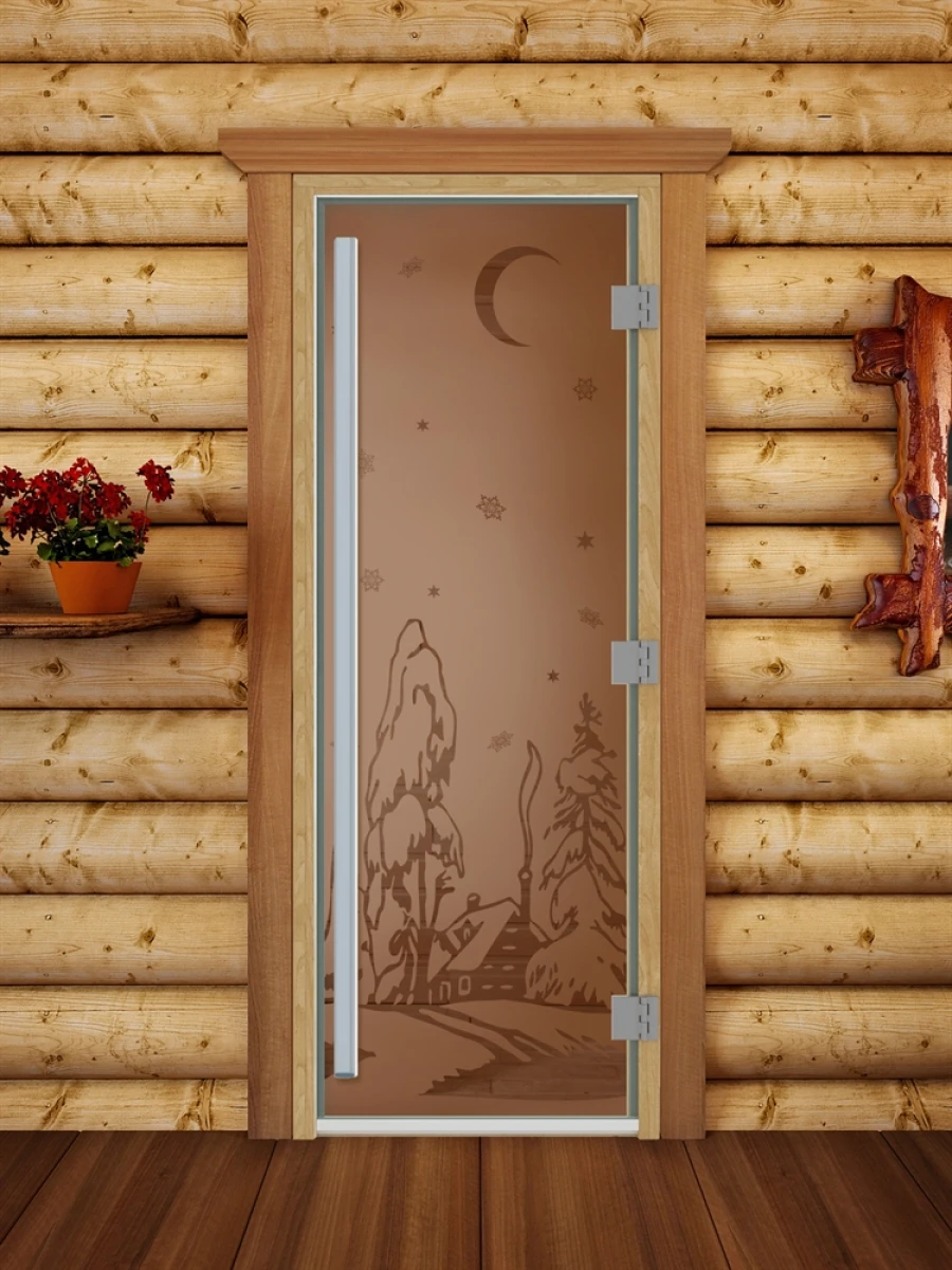 Дверь для бани DoorWood Престиж с рисунком Зима Бронза матовая, 1900x700 мм