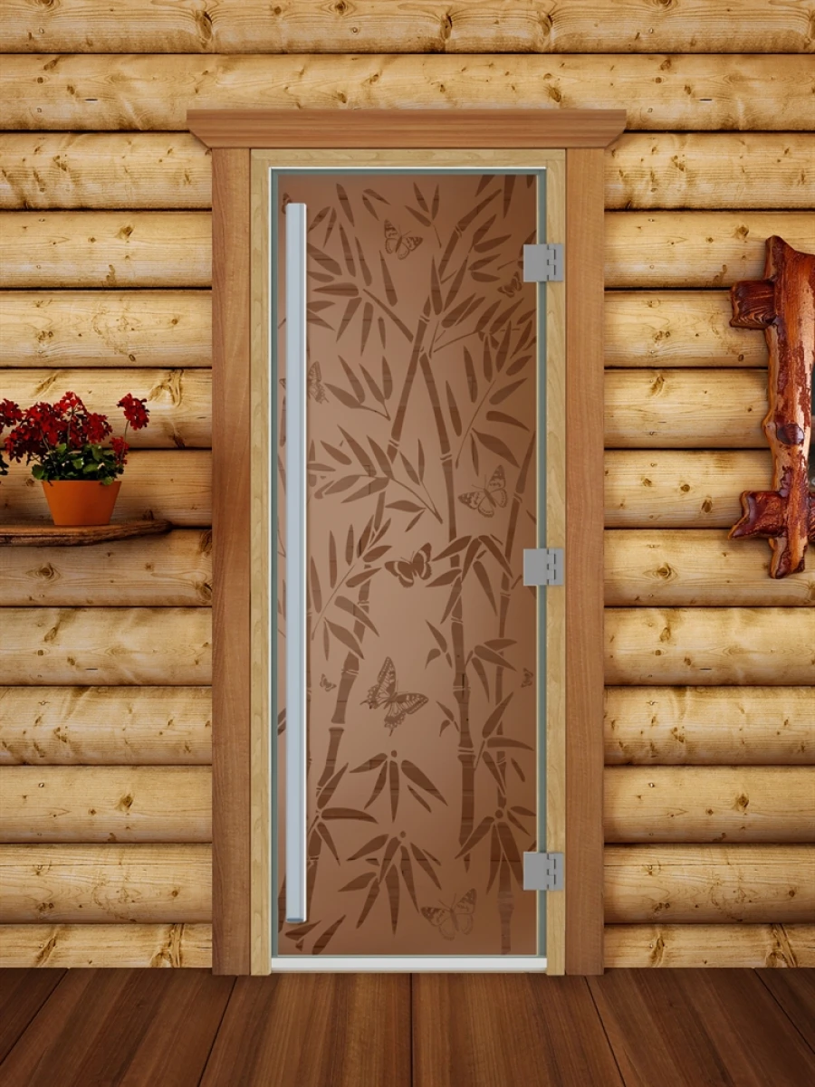 Дверь для бани DoorWood Престиж с рисунком Бамбук и бабочки Бронза матовая, 1900x700 мм