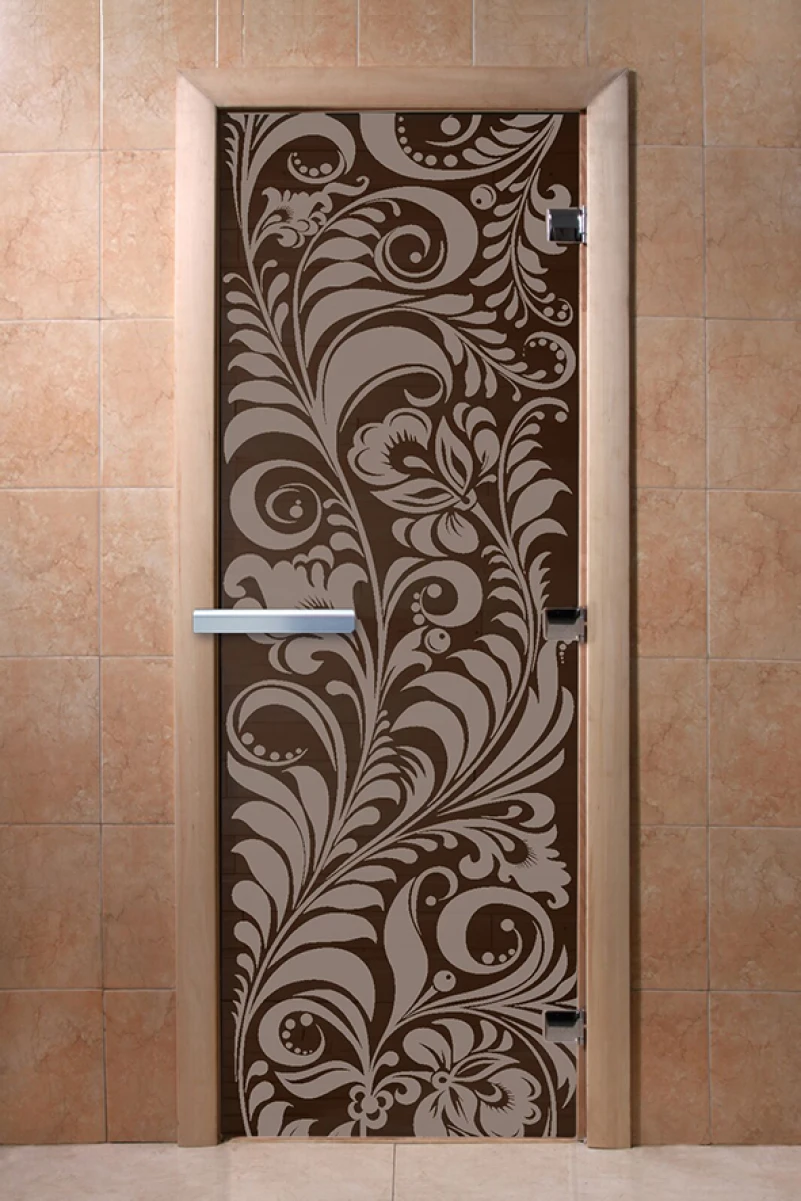 Дверь для бани DoorWood с рисунком Хохлома Графит, 2100x800 мм