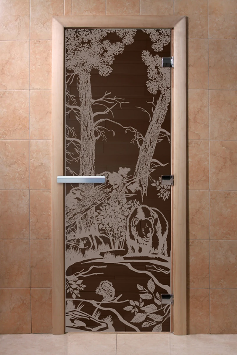 Дверь для бани DoorWood с рисунком Мишки Графит, 1700x700 мм