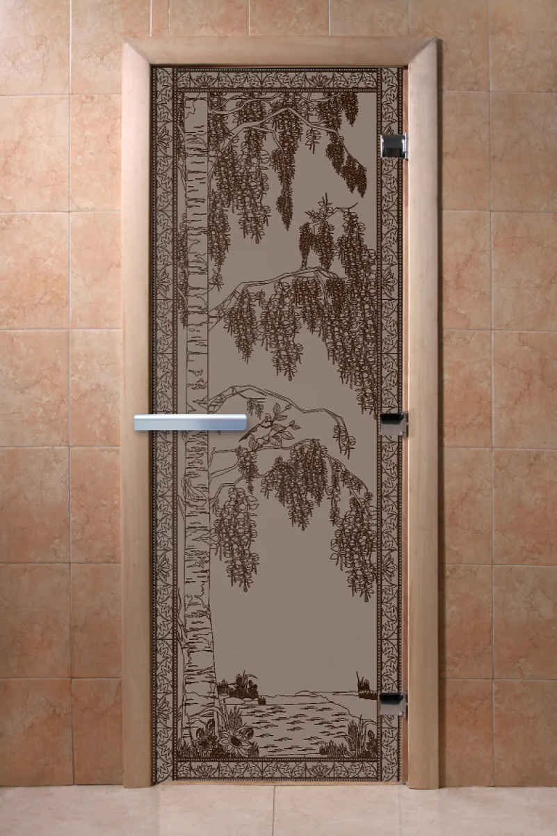 Дверь для бани DoorWood с рисунком Березка Графит матовый, 1900x800 мм