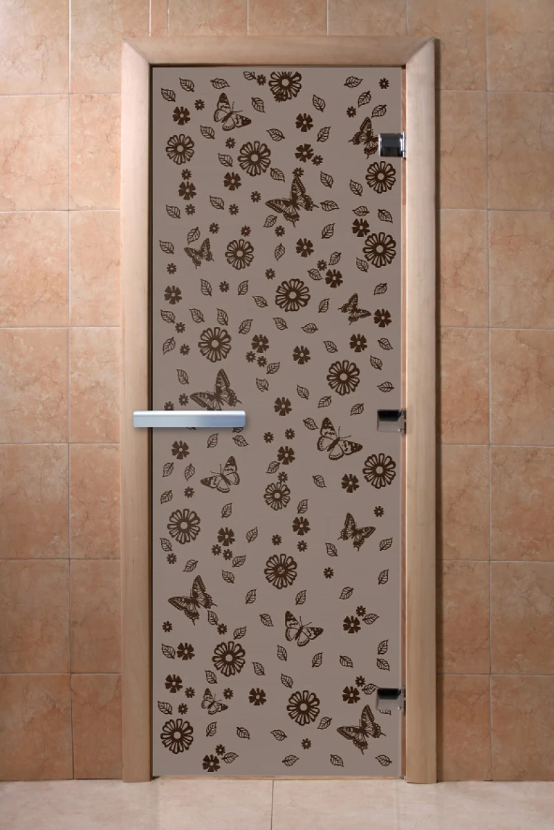 Дверь для бани DoorWood с рисунком Цветы и бабочки Графит матовый, 2100x700 мм