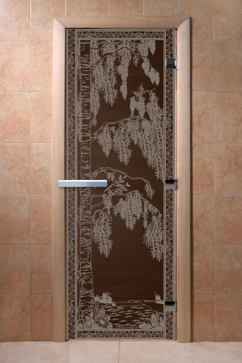 Дверь для бани DoorWood с рисунком Березка Графит, 2000x700 мм