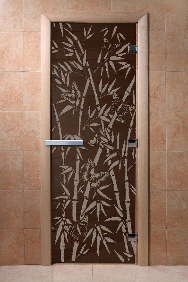 Дверь для бани DoorWood с рисунком Бамбук и бабочки Графит, 1700x700 мм