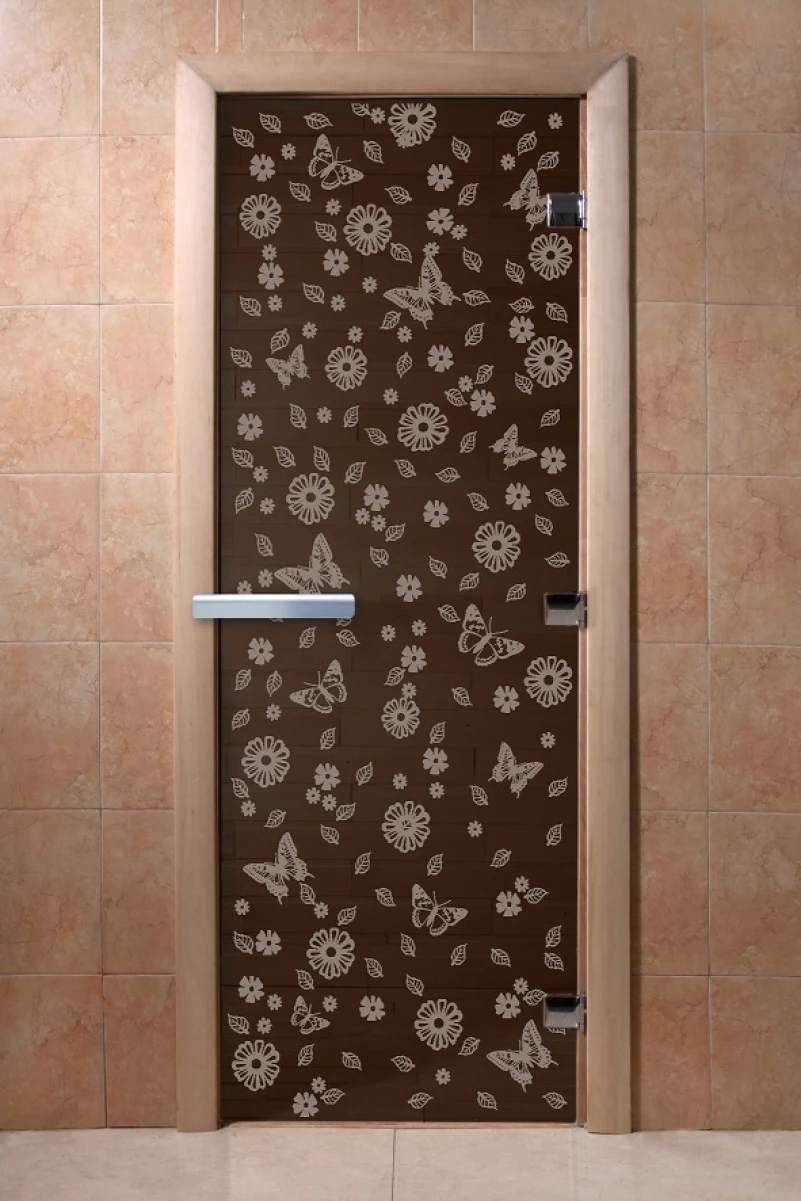 Дверь для бани DoorWood с рисунком Цветы и бабочки Графит, 1900x700 мм