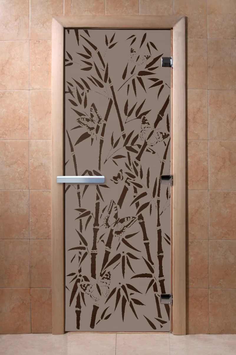 Дверь для бани DoorWood с рисунком Бамбук и бабочки Графит матовый, 2100x700 мм
