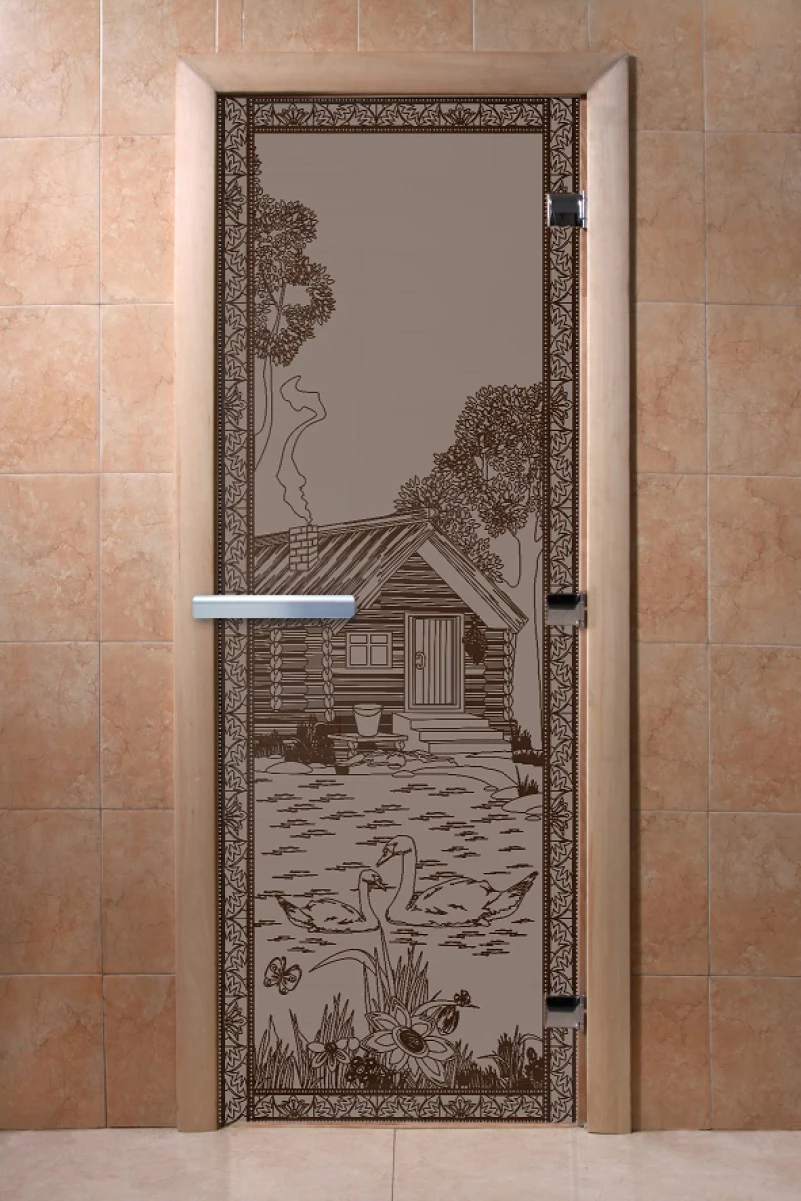 Дверь для бани DoorWood с рисунком Банька в лесу Графит матовый, 2000x600 мм